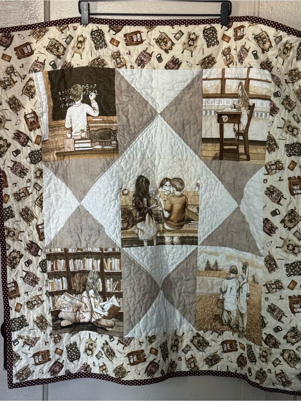 Handmade School Days Quilted Throw Blanket Nostalgia Sad Beige Core Home Decor